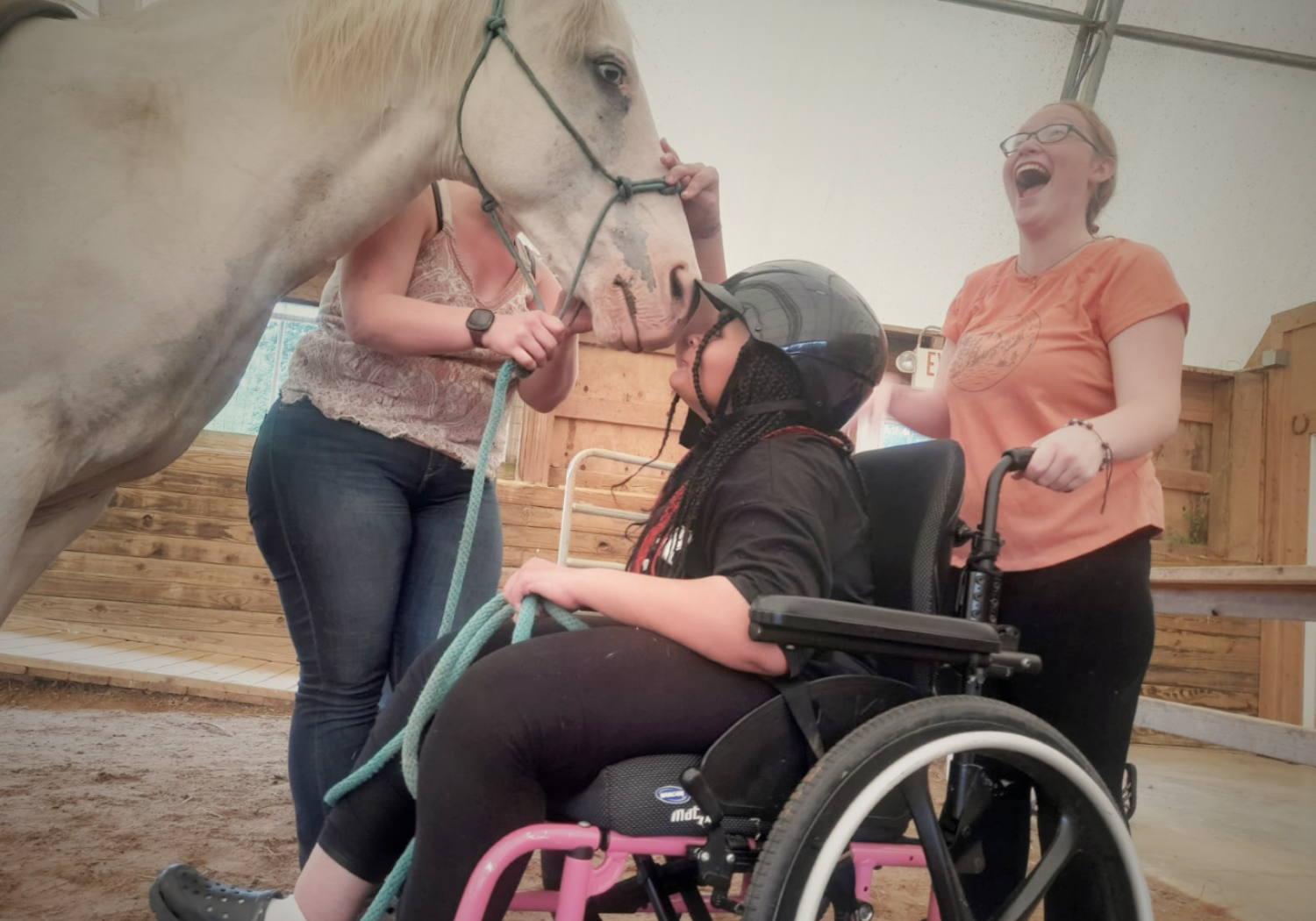 girls petting a horse