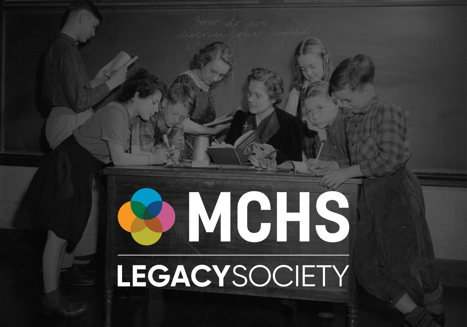 Legacy Society logo with classroom and children learning in the background