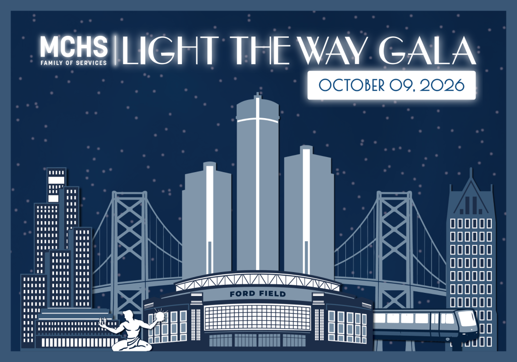 Light the Way Gala Save the Date graphic depicting ford field and the detroit skyline